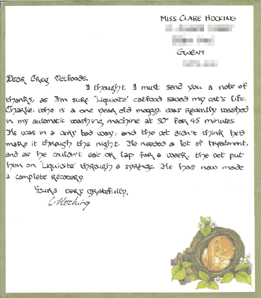 A selection of customer testimonials Liquivite Liquid food for Cats